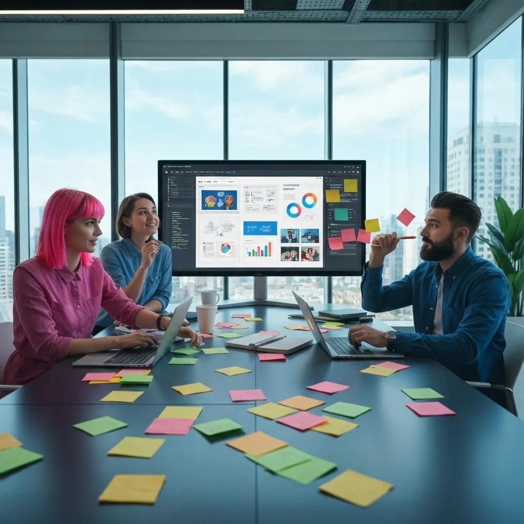 Marketing team brainstorming with generative AI tools, highlighting creativity and collaboration Marketing team brainstorming with generative AI tools, highlighting creativity and collaboration