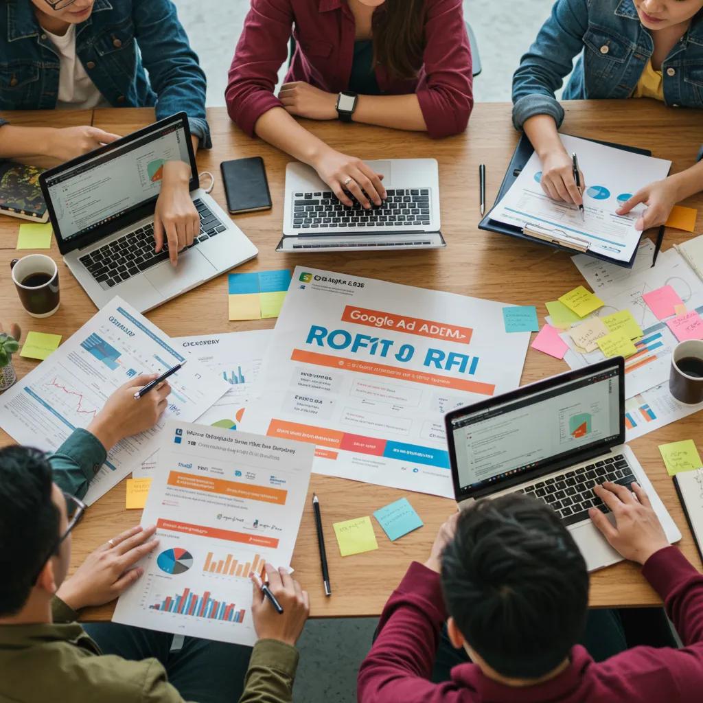 Marketing team collaborating on Google Ads campaign ROI analysis in a bright workspace