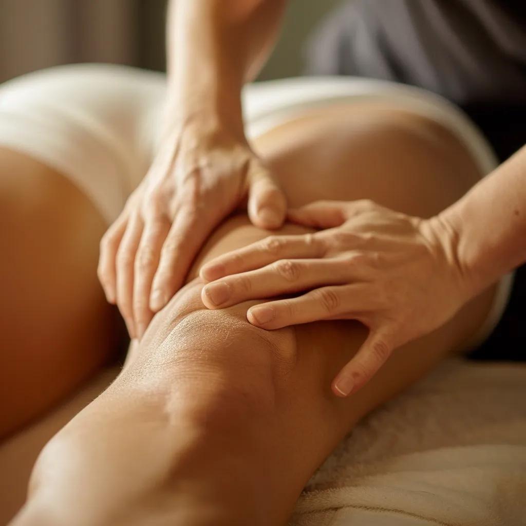 Therapist performing sports massage techniques on an athlete's leg for muscle recovery Therapist performing sports massage techniques on an athlete's leg for muscle recovery