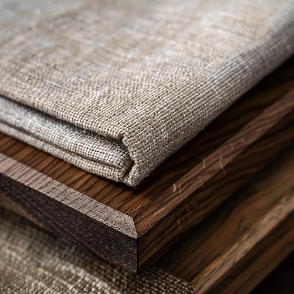 Premium materials for handcrafted furniture, highlighting solid walnut, leather, linen, and oak textures