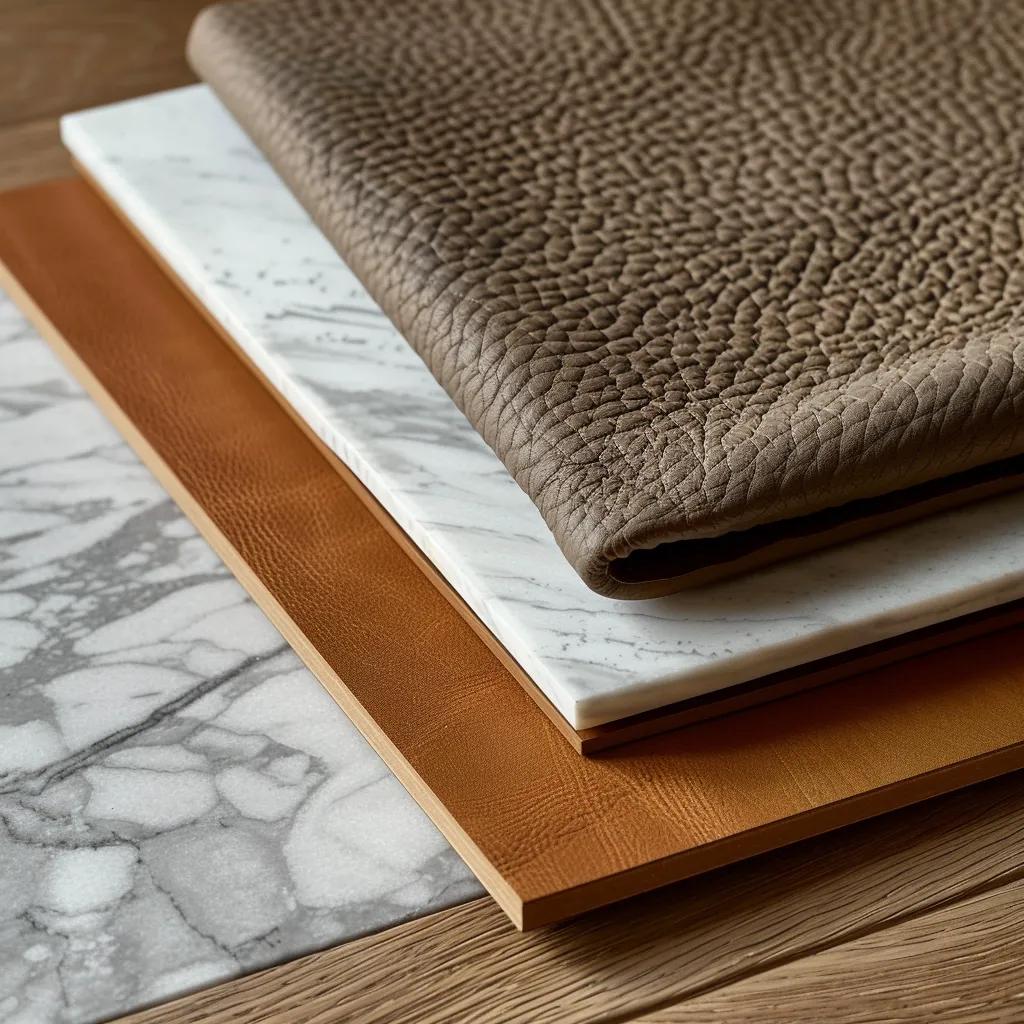 Close-up of premium materials for bespoke furniture including oak, leather, and marble