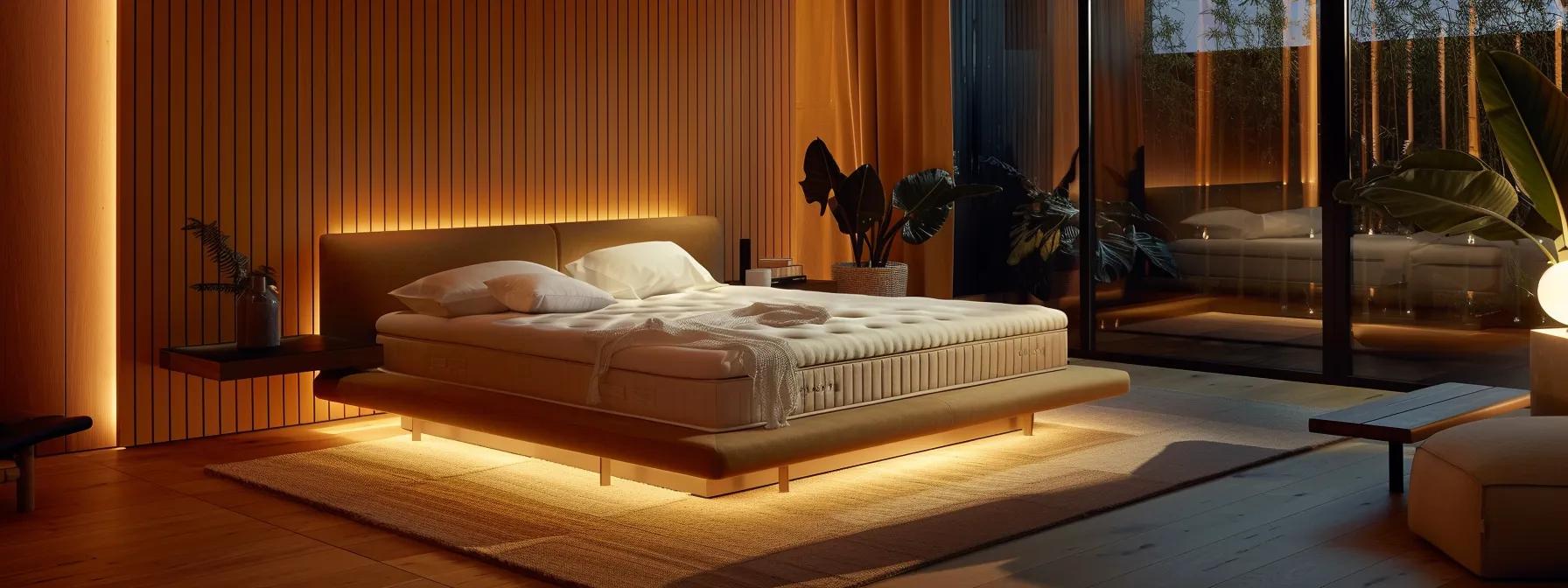 a modern bedroom showcases a luxurious mattress with a transparent cutaway revealing its innovative zoned support system and pressure-relieving layers, accentuated by soft, ambient lighting that highlights its sleek design and smart temperature regulation features. a modern bedroom showcases a luxurious mattress with a transparent cutaway revealing its innovative zoned support system and pressure-relieving layers, accentuated by soft, ambient lighting that highlights its sleek design and smart temperature regulation features.