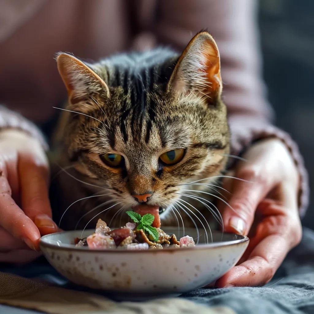 Happy cat eating freeze dried raw food, illustrating improved digestive health and vitality