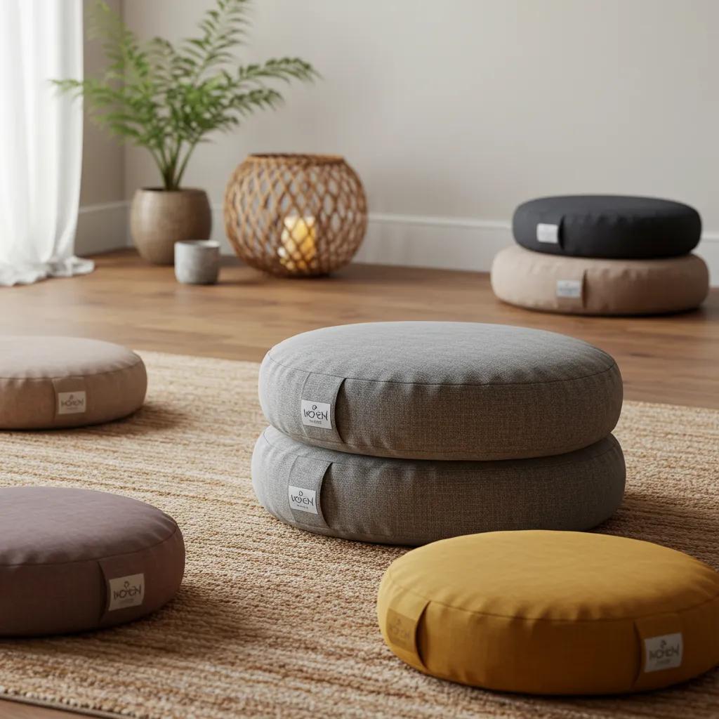 A serene arrangement of meditation cushions, featuring zafu and zabuton pillows, set in a tranquil environment to inspire mindfulness practice