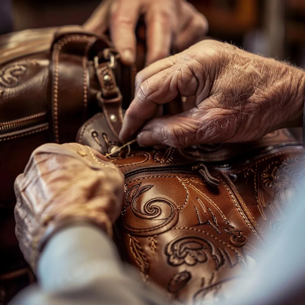 Artisan hands stitching a luxury tote bag, emphasizing craftsmanship and quality techniques