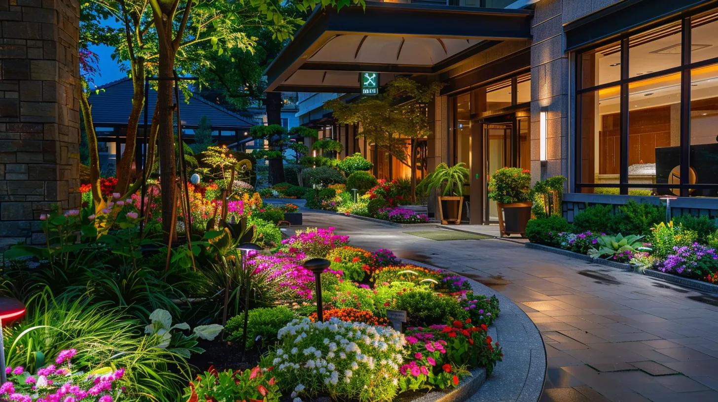 a meticulously manicured commercial landscape adorned with vibrant flowers and structured hardscapes, illuminated by strategic lighting, conveys professionalism and invites customers to an upscale business façade. a meticulously manicured commercial landscape adorned with vibrant flowers and structured hardscapes, illuminated by strategic lighting, conveys professionalism and invites customers to an upscale business façade.