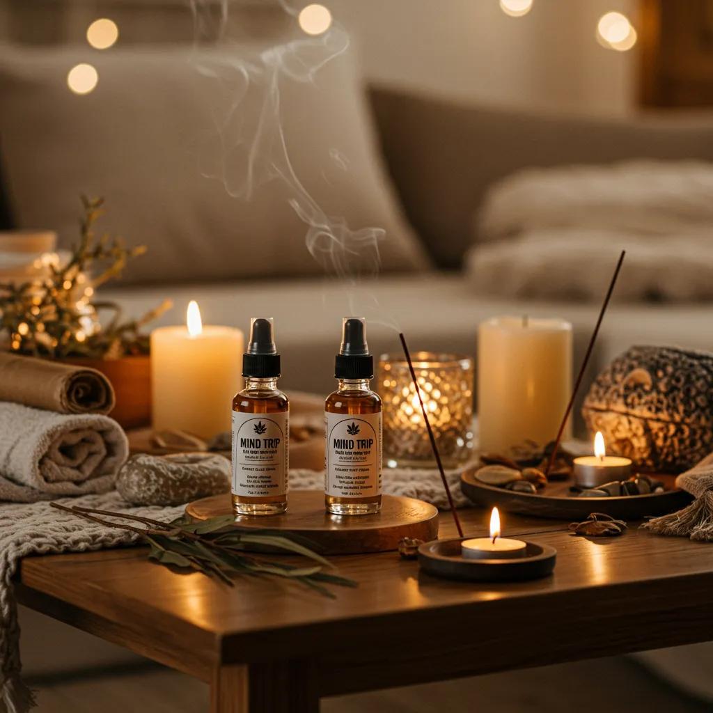 Mind Trip Bulk Liquid Incense bottles arranged on a wooden table with candles and greenery, promoting relaxation and sensory enhancement