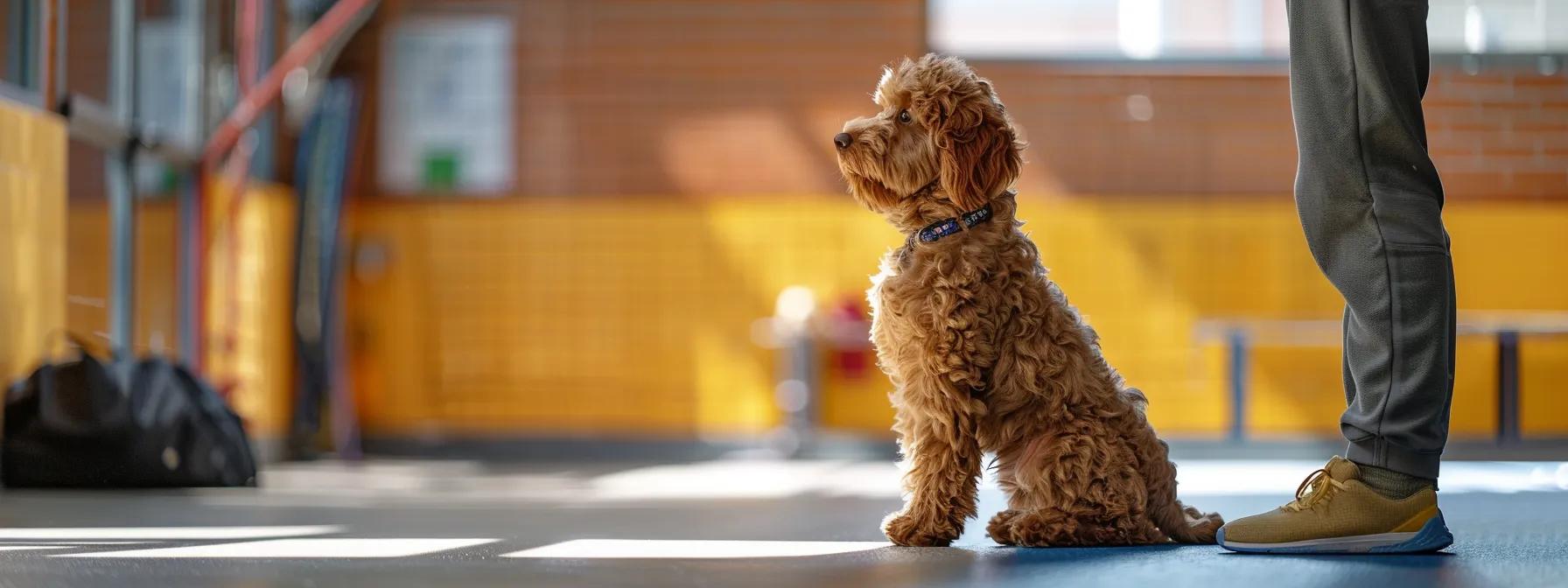 a vibrant and dynamic training session in a modern indoor dog training facility features an attentive doodle dog engaging with a confident trainer, emphasizing the connection between tailored training techniques and the dog's unique personality traits.