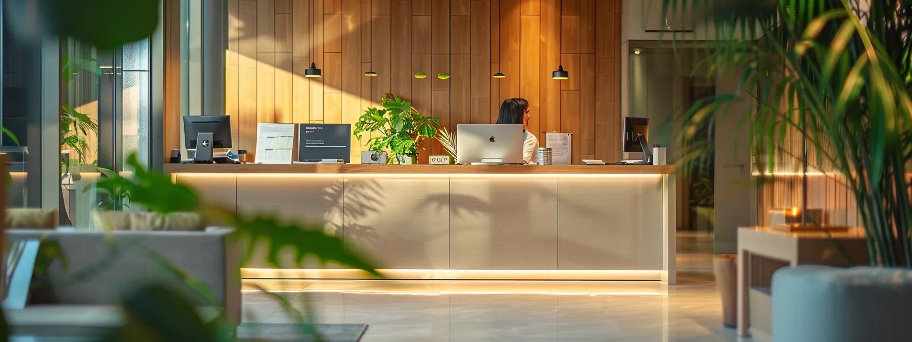 un bureau moderne et élégant avec un professionnel en train de confirmer la disponibilité d'une salle de réception, entouré de documents organisés et d'un ordinateur portable, évoquant une atmosphère de planification méticuleuse et de coordination d'événements.