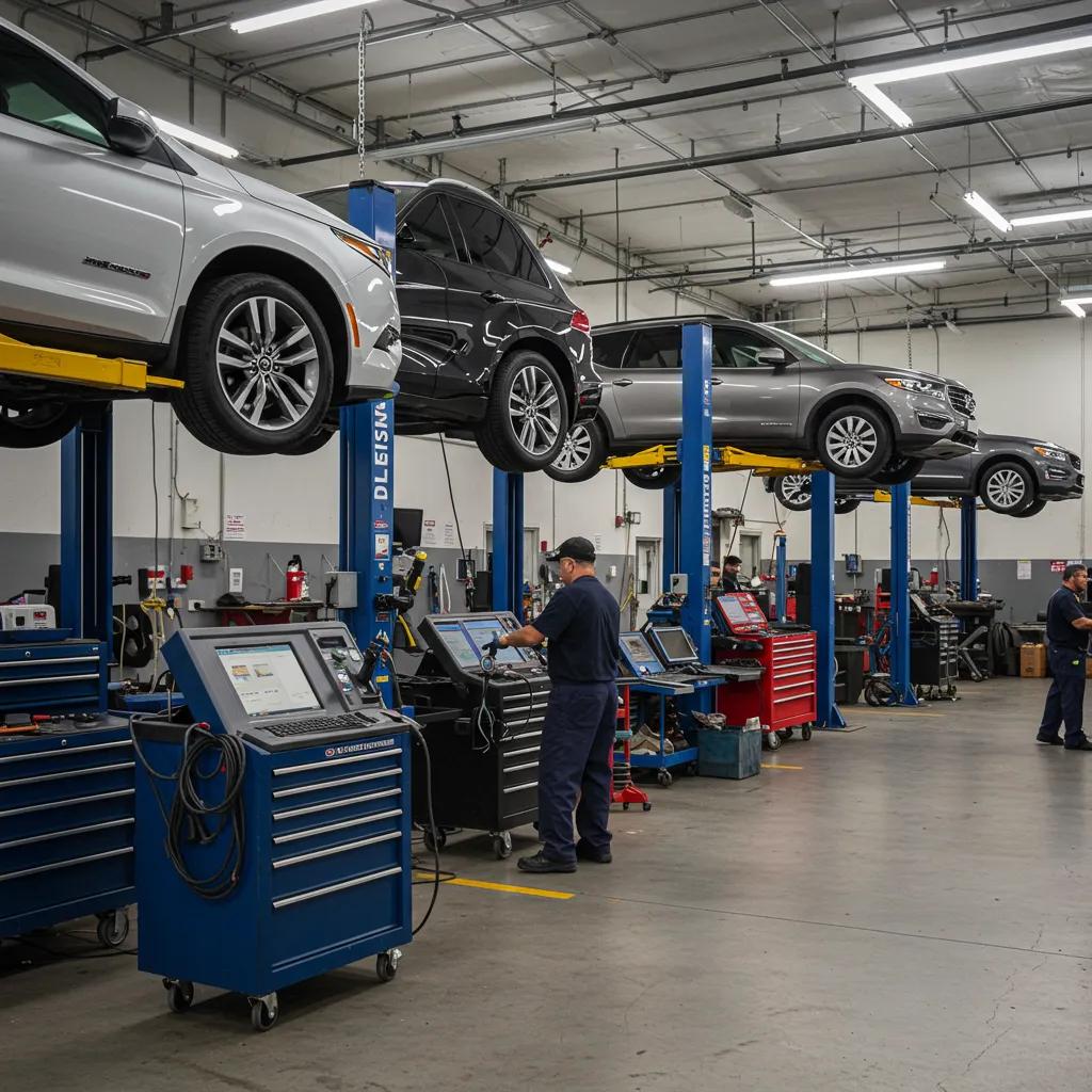 Modern auto repair shop with ASE-certified technicians working on vehicles