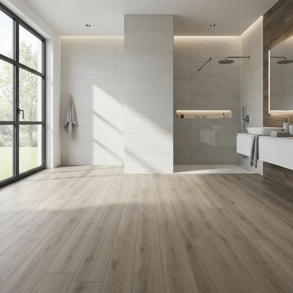 Modern bathroom with large format porcelain tiles and LVT planks, reflecting TikTok-inspired design trends