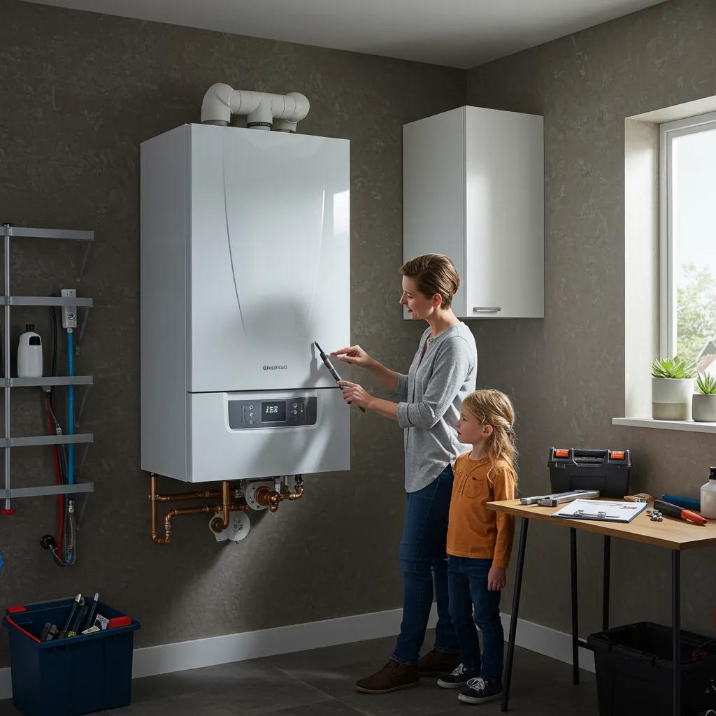 Modern boiler in a cosy utility room with a family member checking settings, highlighting safety and maintenance