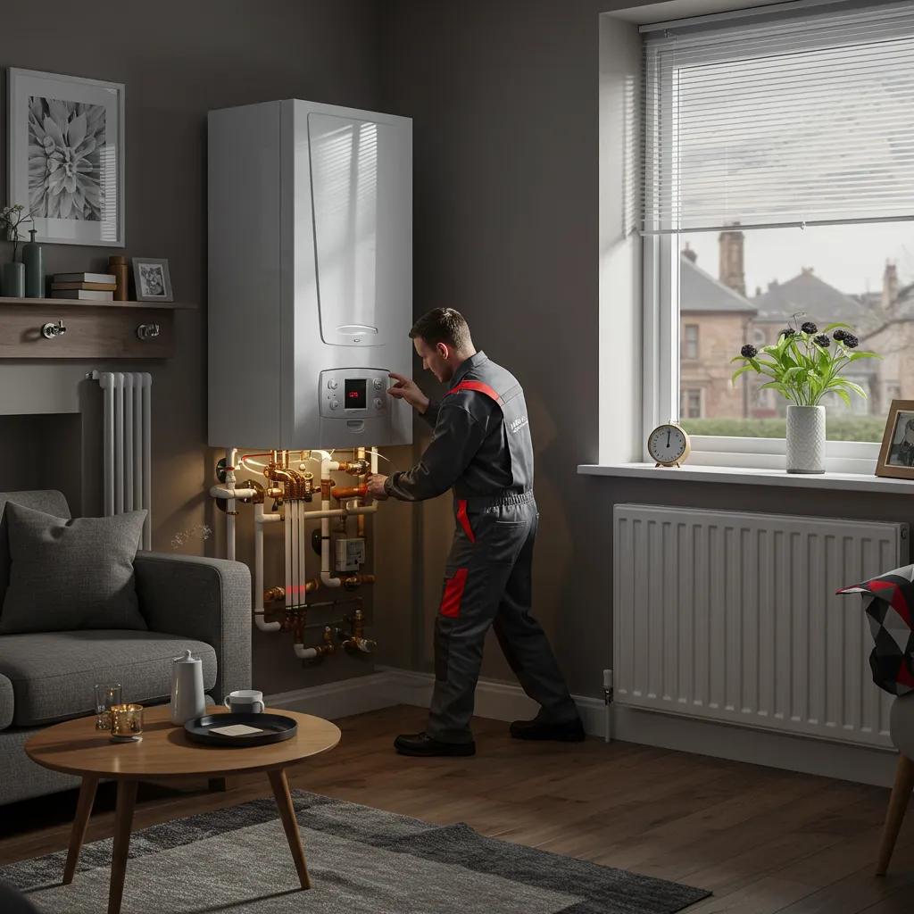 A Gas Safe engineer expertly installing a modern boiler in a comfortable Glasgow home
