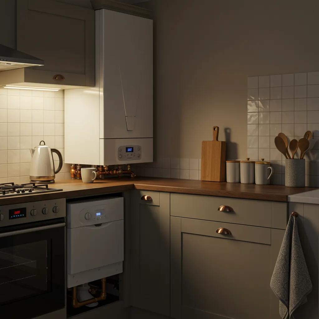Modern boiler installed in a cosy kitchen, showcasing affordable heating solutions