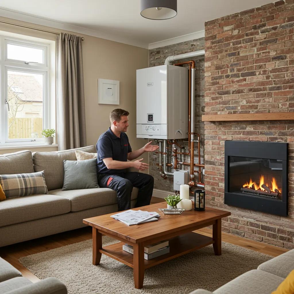 Modern boiler installation in a cozy living room with a Gas Safe engineer assisting a homeowner