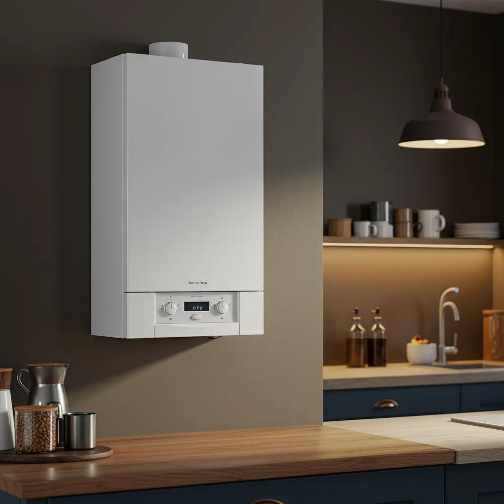 Modern combi boiler in a stylish kitchen, highlighting efficient heating solutions