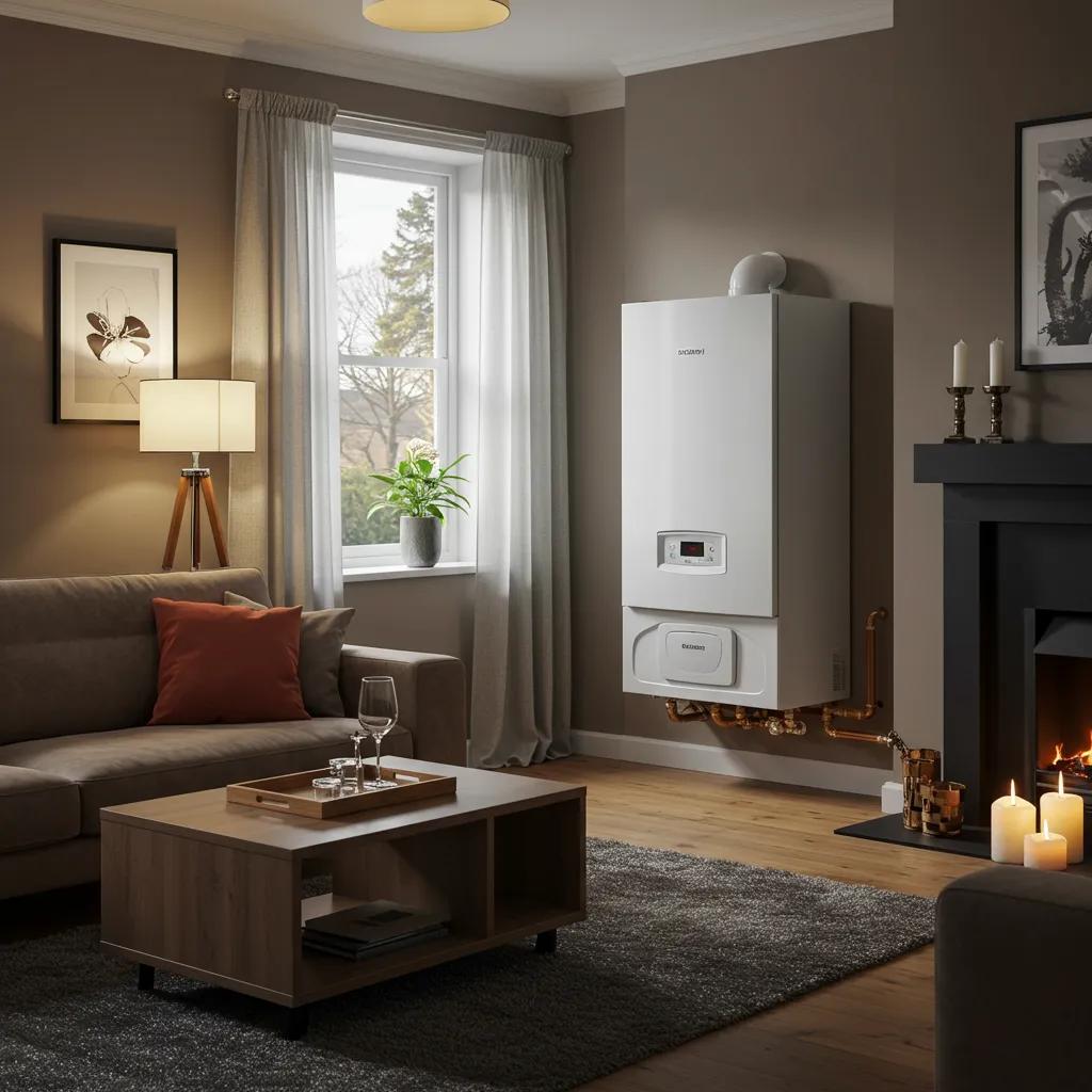 Cosy Glasgow living room with a modern, efficient boiler, promising warmth and lower energy bills