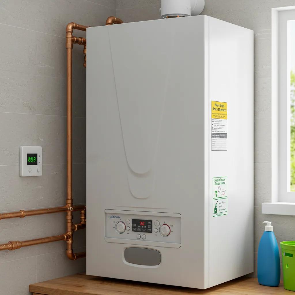 Modern energy-efficient boiler in a utility room, showcasing energy-saving features and maintenance benefits