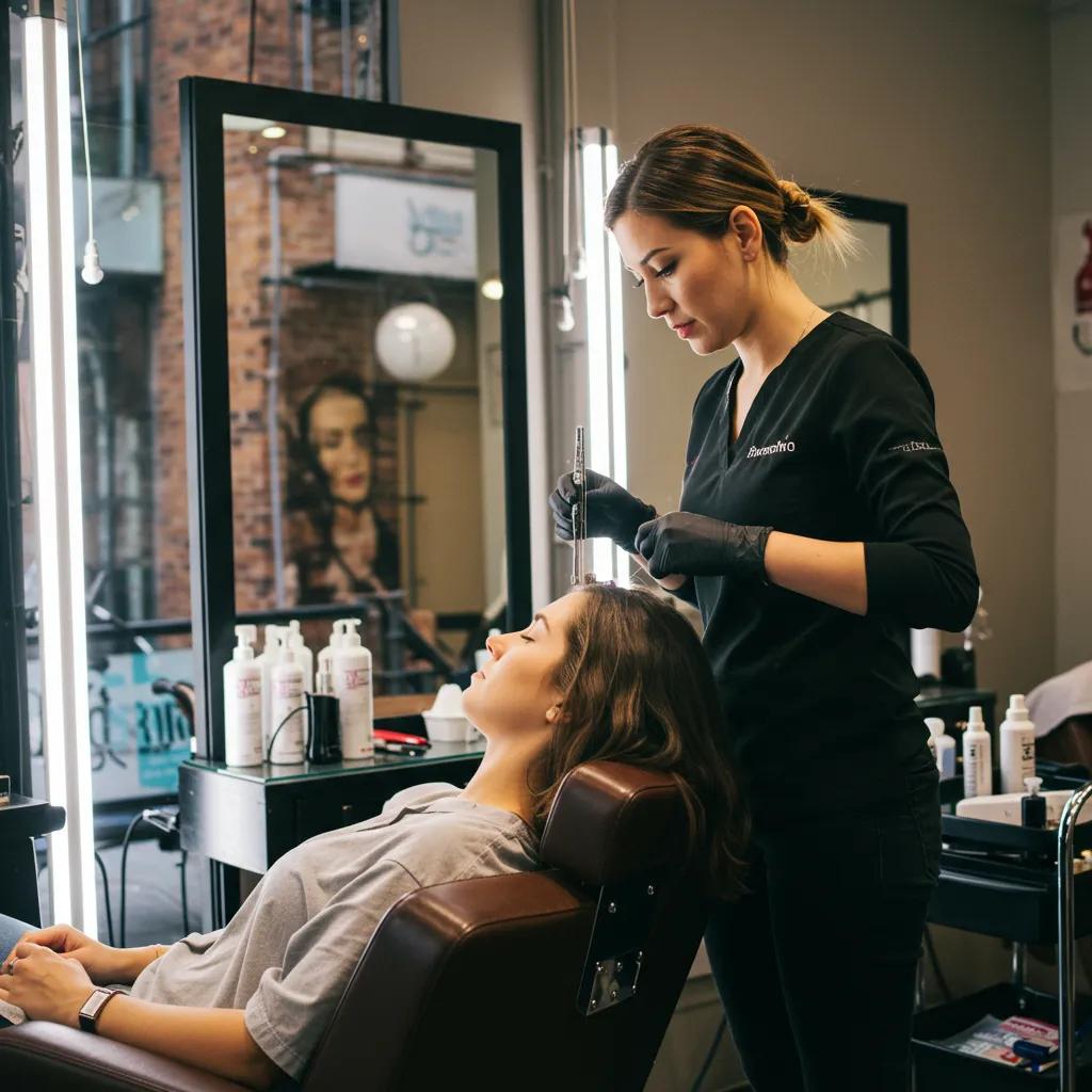 Modern hair threading salon in Lower Manhattan with an esthetician performing threading on a client