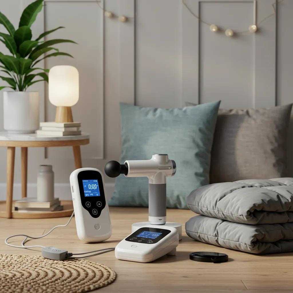A collection of modern home relaxation devices, including a TENS unit, massage gun, and weighted blanket, arranged in a comfortable living space