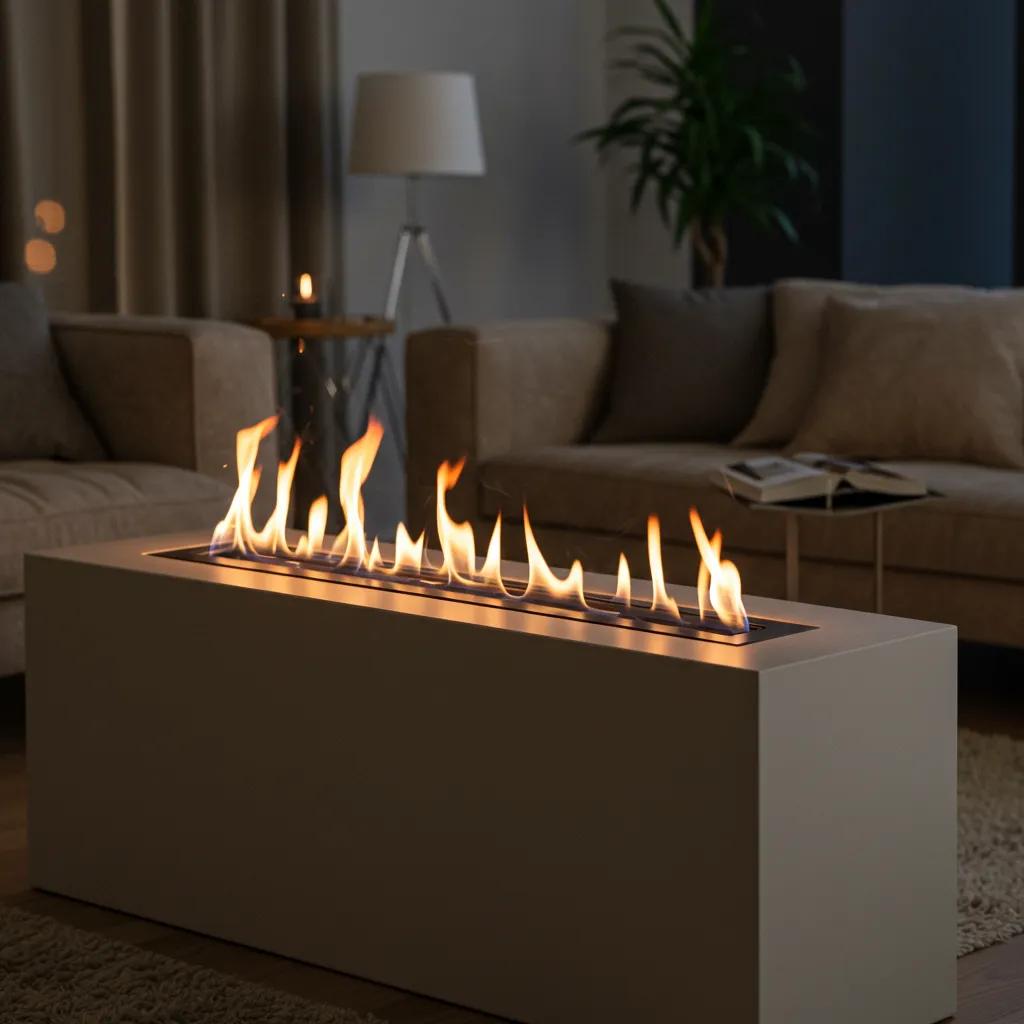 Modern indoor fireplace using bioethanol fuel, highlighting clean burning and sustainable energy choice