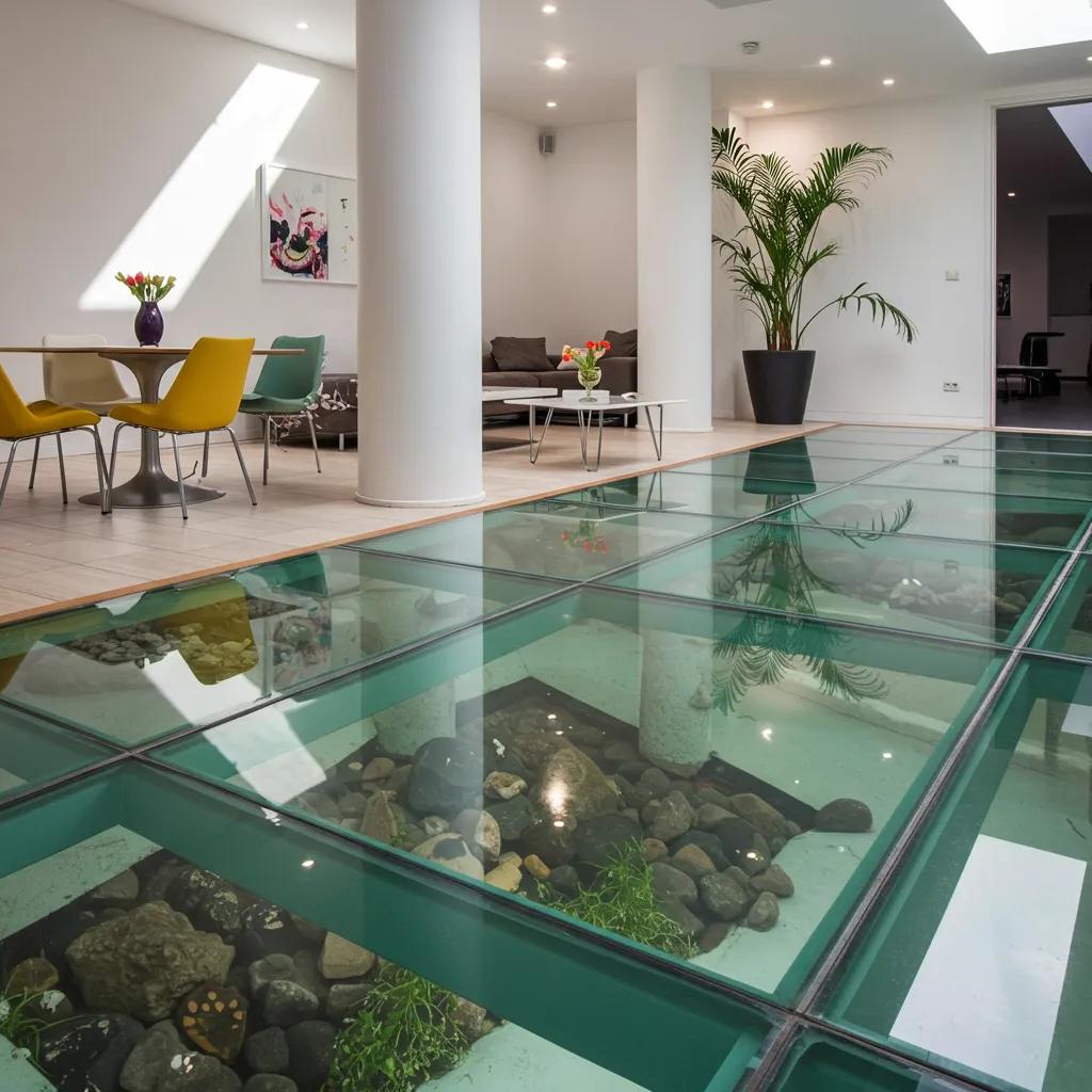 Sleek modern interior featuring a glass floor panel that amplifies natural light and architectural design