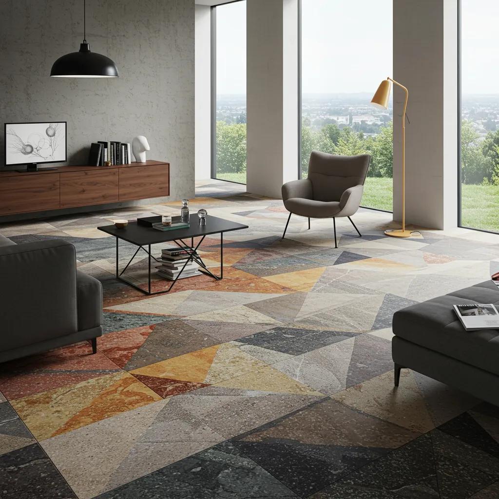 Modern interior with vibrant 3D printed flooring showcasing intricate geometric patterns