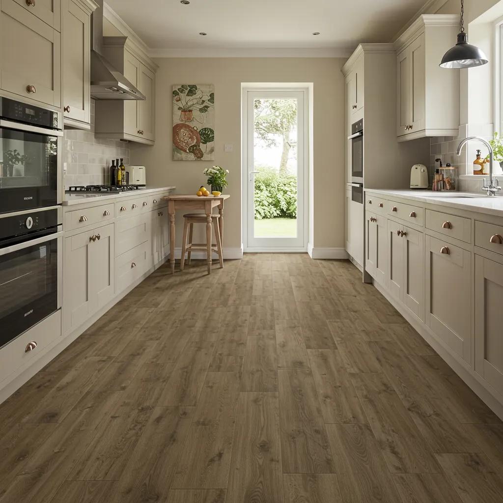 Modern kitchen featuring luxury vinyl tile flooring that convincingly mimics natural wood, highlighting its practicality and stylish appearance
