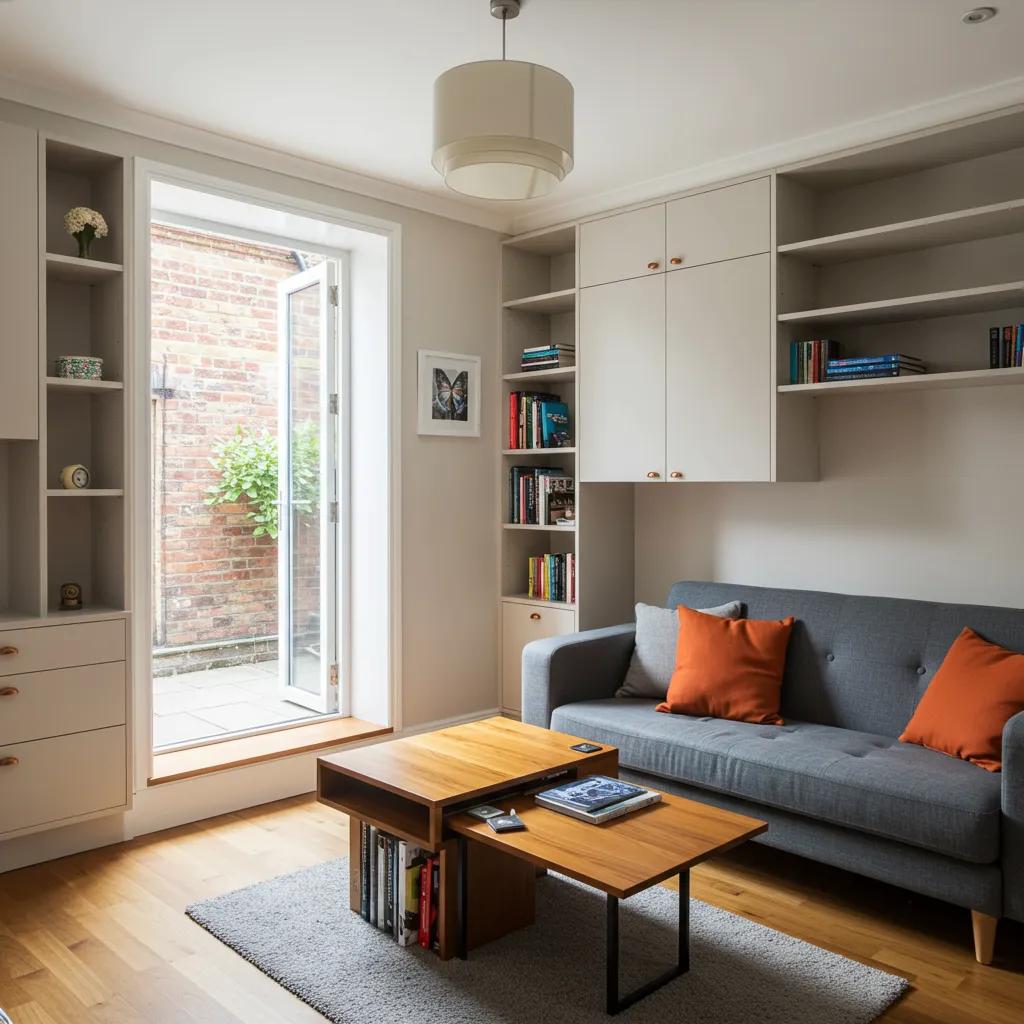 Chic living room in a Gold Coast home featuring bespoke storage that optimises a small space