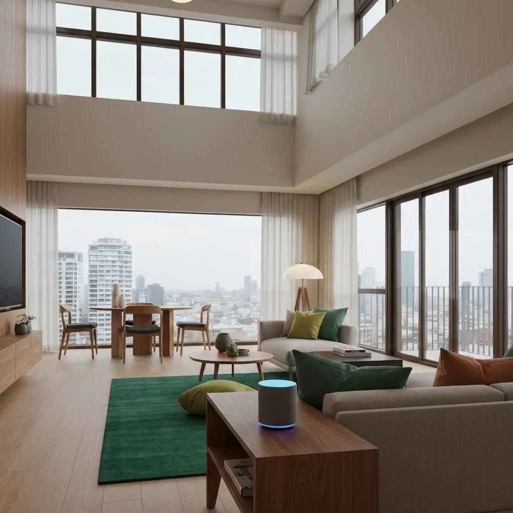 Modern living room with smart flooring technology and integrated heating elements