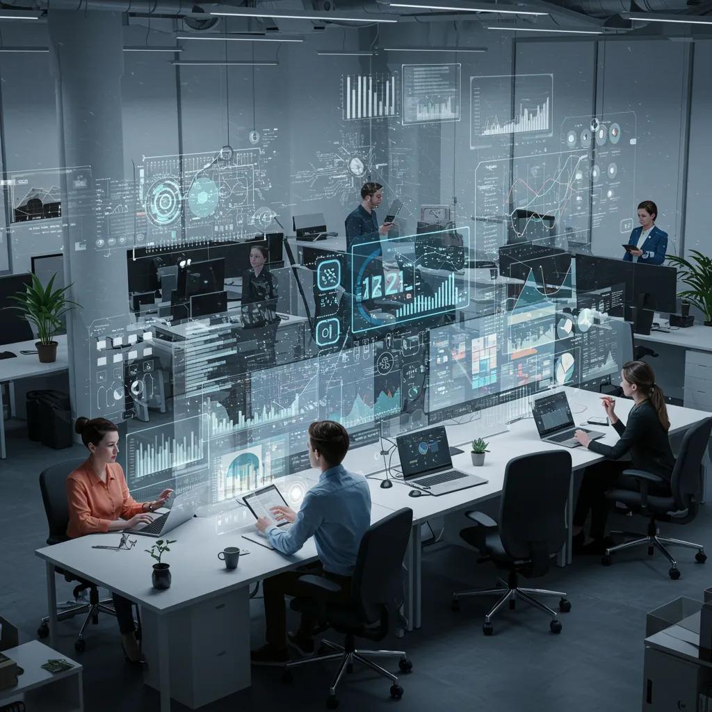 Modern office collaboration with AI technology enhancing business automation