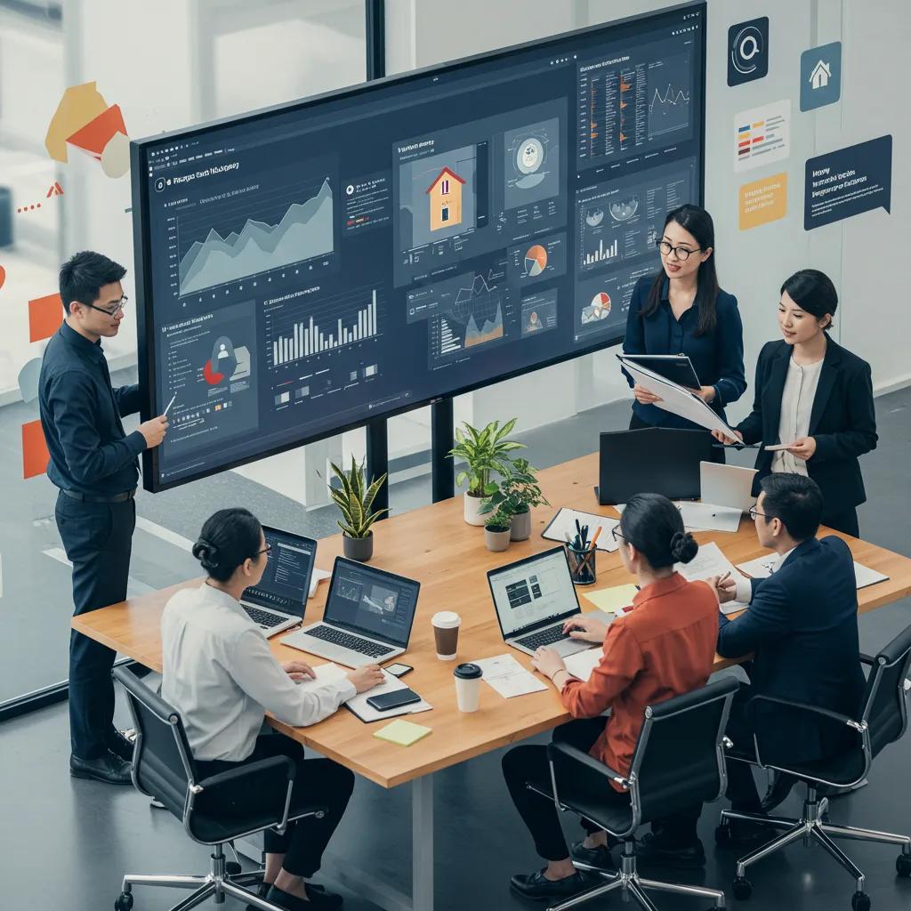 Modern real estate professionals collaborating with AI technology for property valuation Modern real estate professionals collaborating with AI technology for property valuation