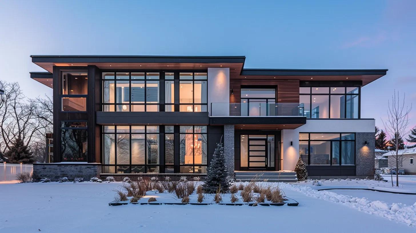 a modern, sleek custom home in fargo showcases innovative sustainable construction methods, featuring a striking façade with energy-efficient windows and a contemporary design, all set against a clean urban backdrop.