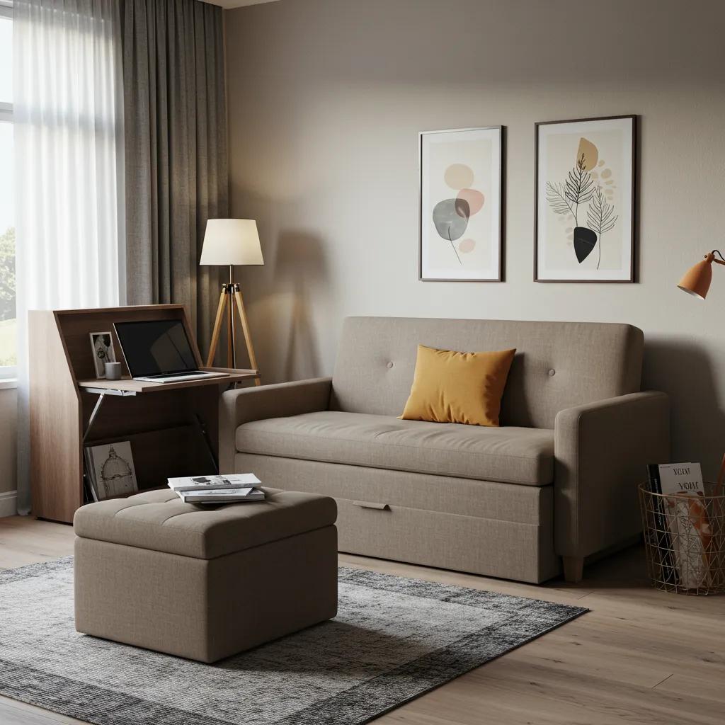 A compact Gold Coast living area showcasing a sofa bed, storage ottoman, and folding desk, highlighting space-saving furniture solutions