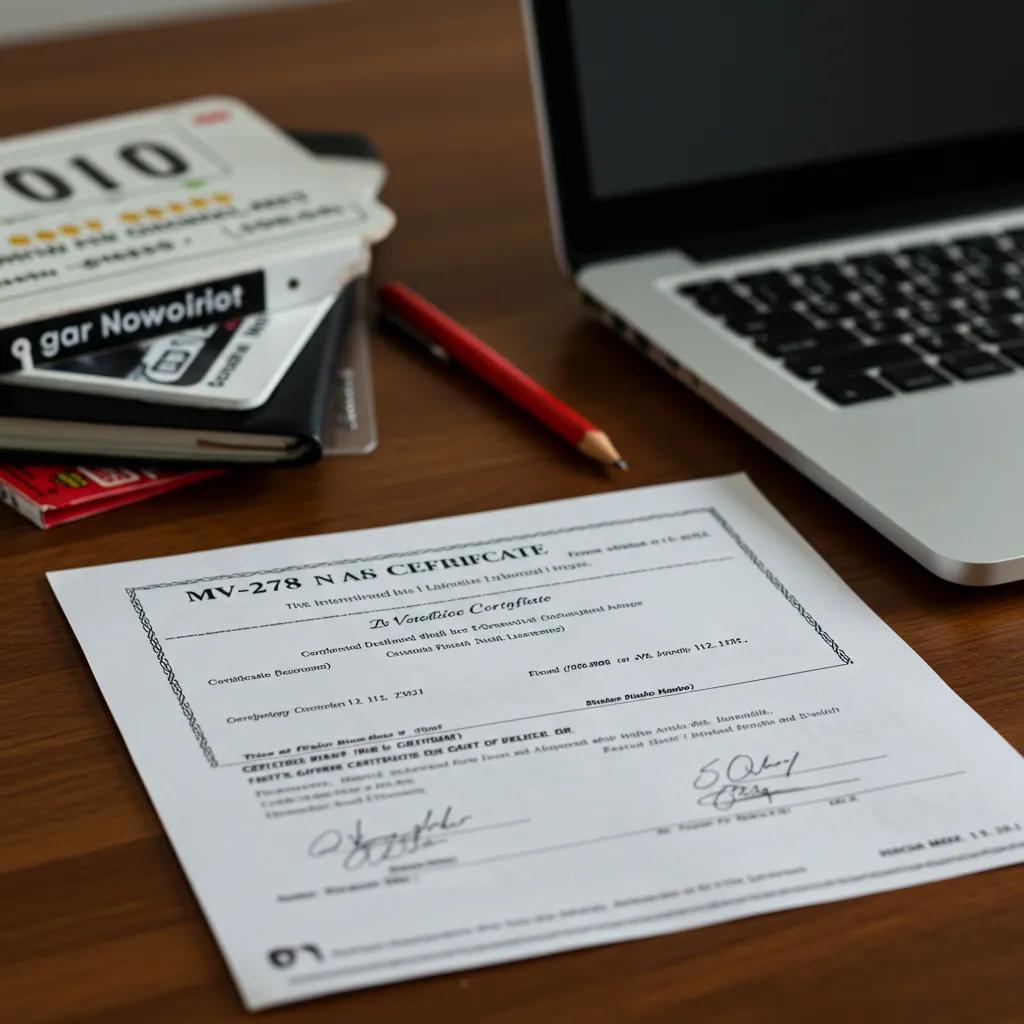 The MV-278 certificate is shown on a desk, symbolizing its crucial role in the New York driver's license process