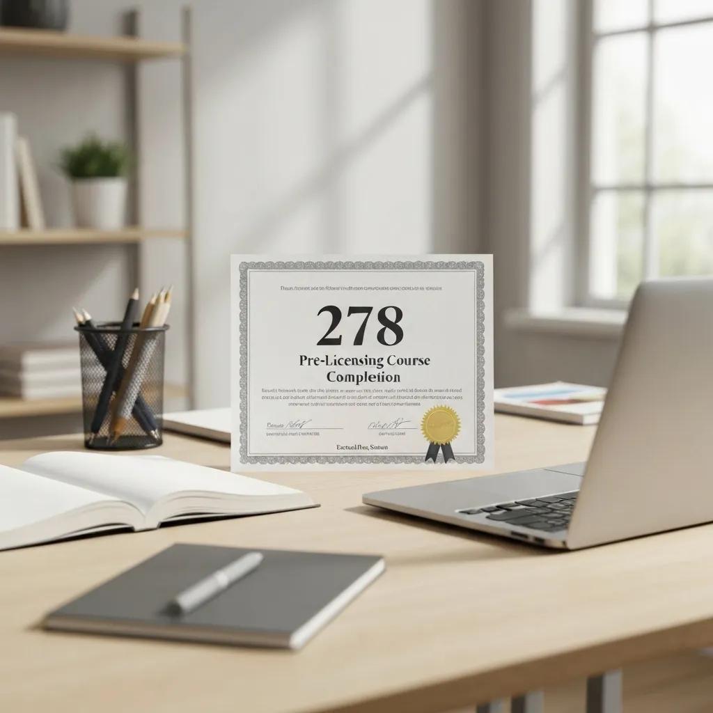 A close-up of the MV-278 Pre-Licensing Course Completion Certificate displayed alongside study materials