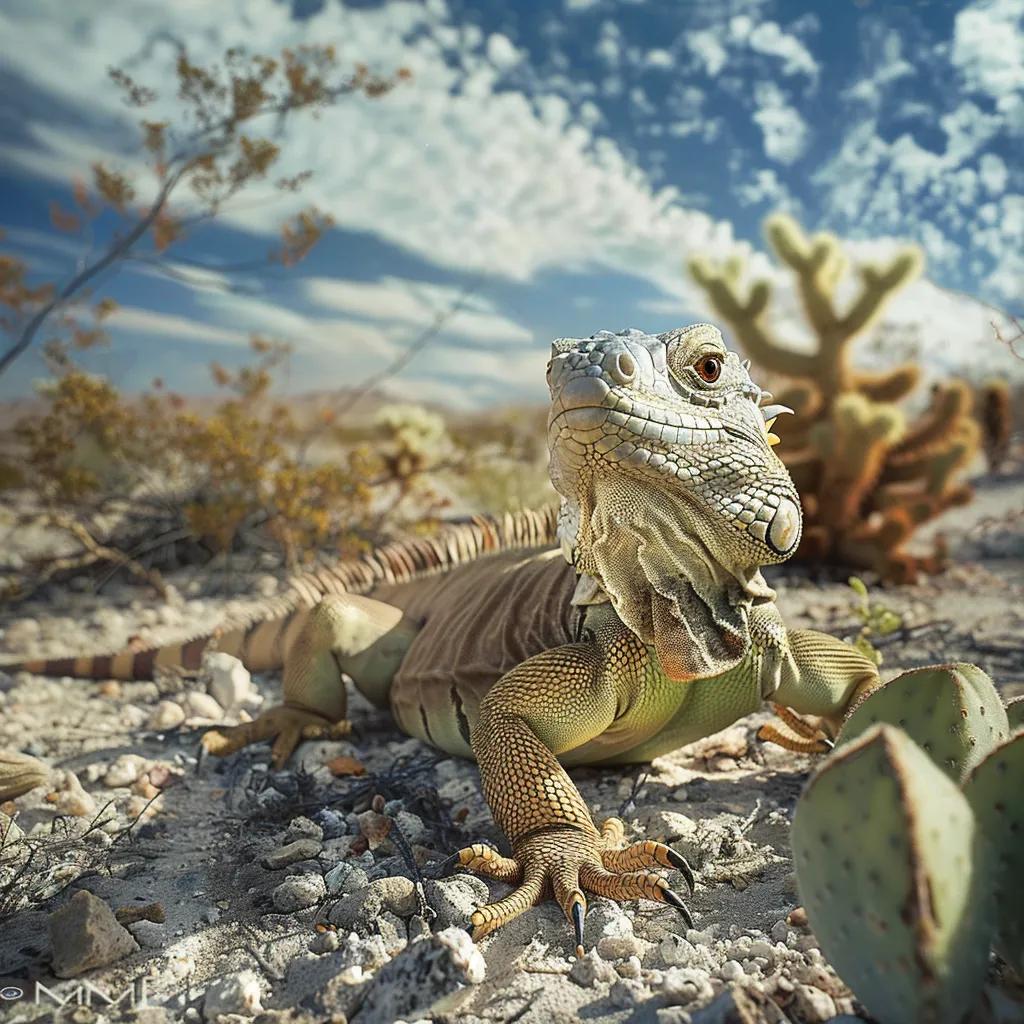 Desert iguana in arid habitat with cacti and sandy terrain