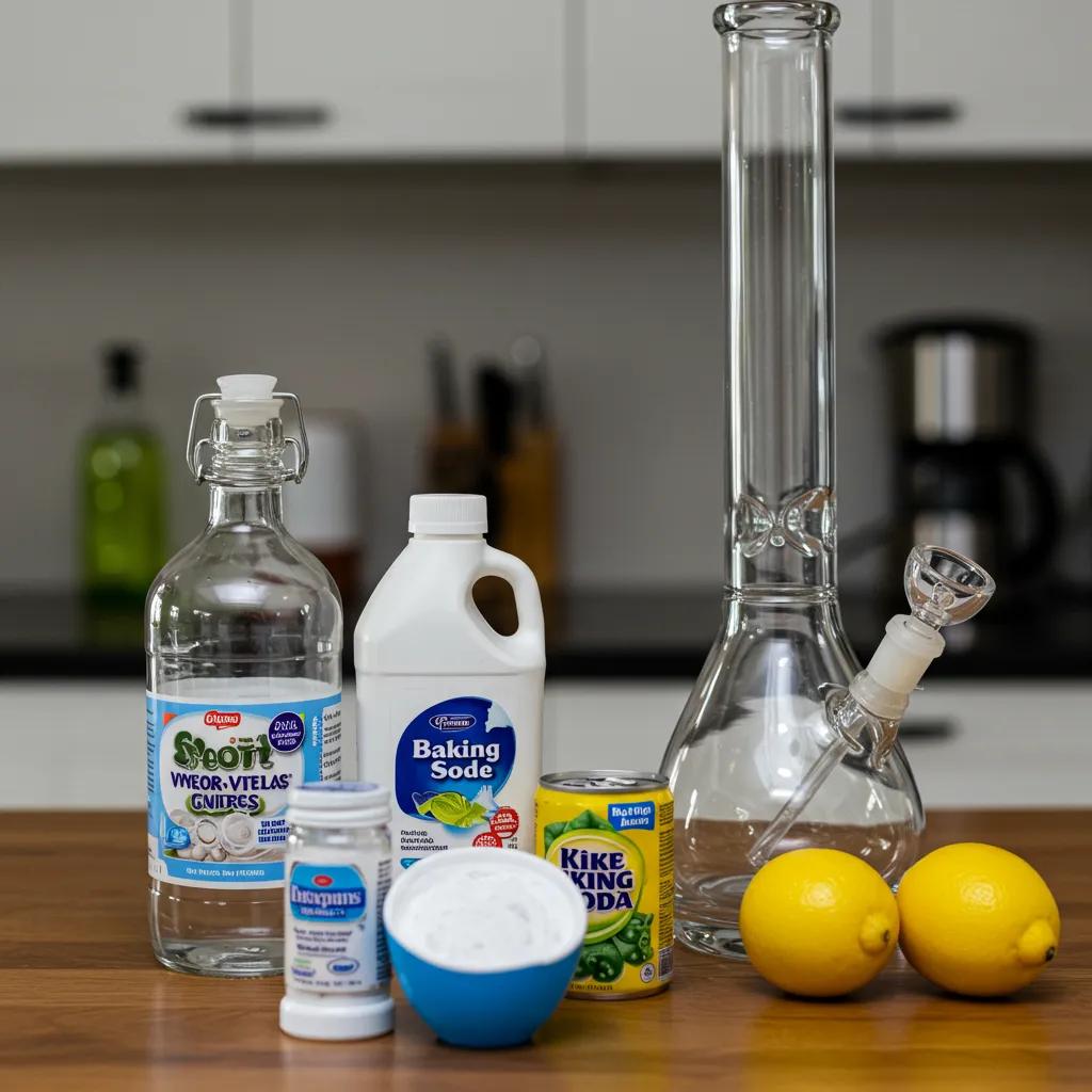 Natural cleaning supplies for bongs: vinegar, baking soda, and lemon juice laid out on a kitchen counter