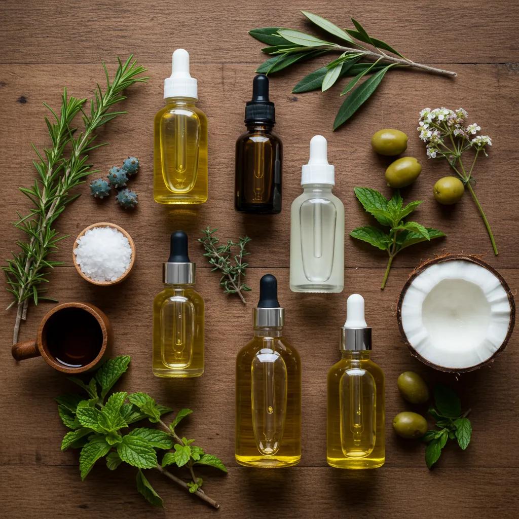 Natural oils for eyebrow growth displayed in an organic setting, highlighting their benefits