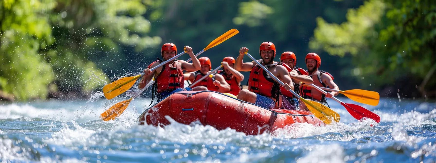 A group of rafters navigating exciting rapids on the Ocoee River, surrounded by scenic greenery.