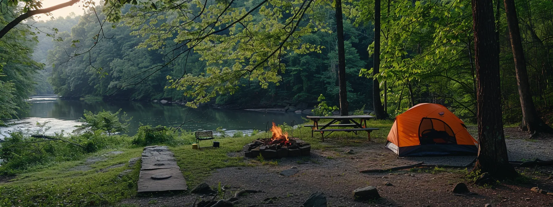 A peaceful campsite near a river, featuring a tent, campfire, and trees, with the Ocoee River flowing in the background.