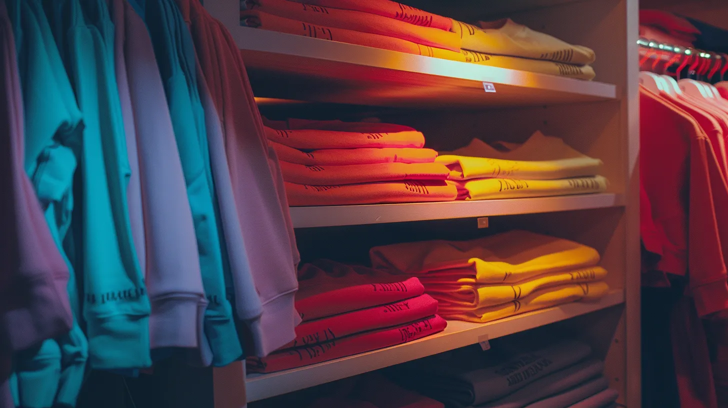 a vibrant display of neatly folded, color-coordinated stacked sweatpants showcased on a shelf.