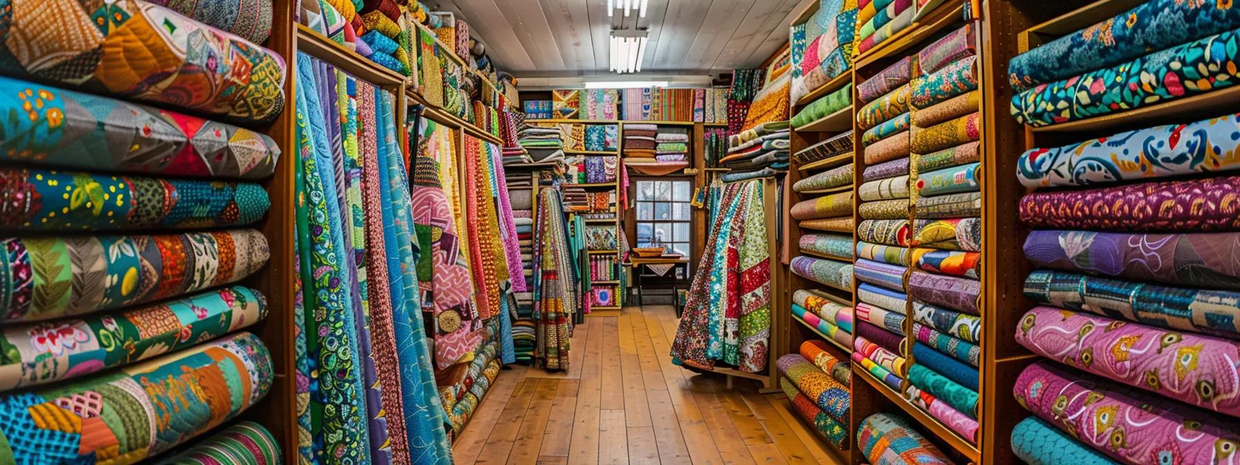 a vibrant, bustling fabric shop in nebraska, filled with shelves of colorful quilt fabrics and enthusiastic quilters examining the rich textures and patterns under warm, inviting overhead lighting.