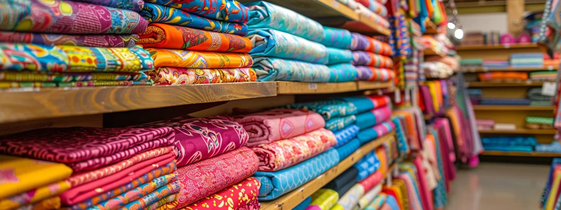 a vibrant and organized fabric store in nebraska, filled with colorful quilt fabrics neatly displayed on shelves, showcasing popular and trusted brands that local quilters prefer.