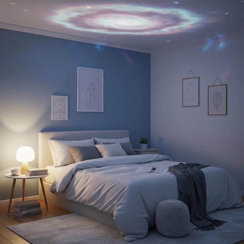 A nebula projector creating a tranquil bedroom ambiance with soft cosmic visuals