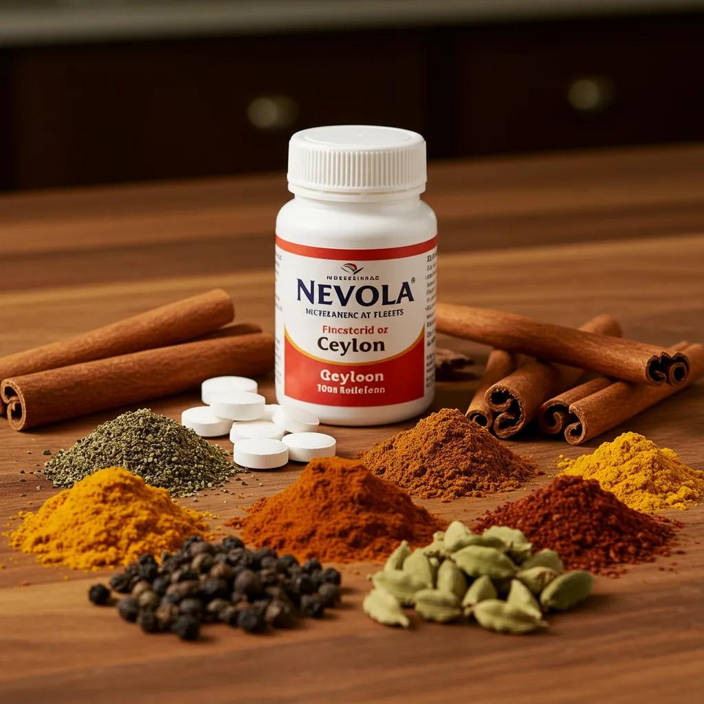 Nevola medication and authentic Ceylon spices artfully arranged on a wooden surface, highlighting their health and culinary advantages