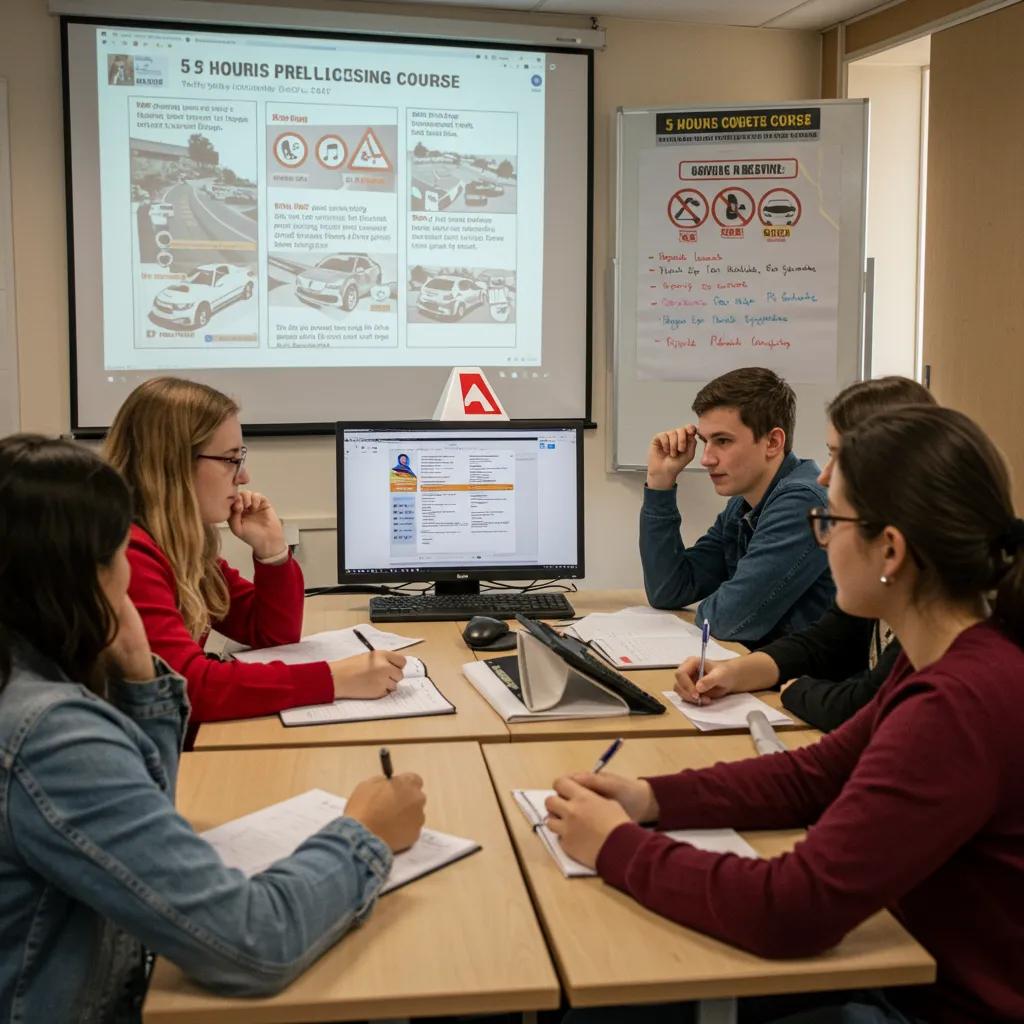 New York drivers actively participating in a 5-hour pre-licensing course, focusing on traffic laws and safe driving practices