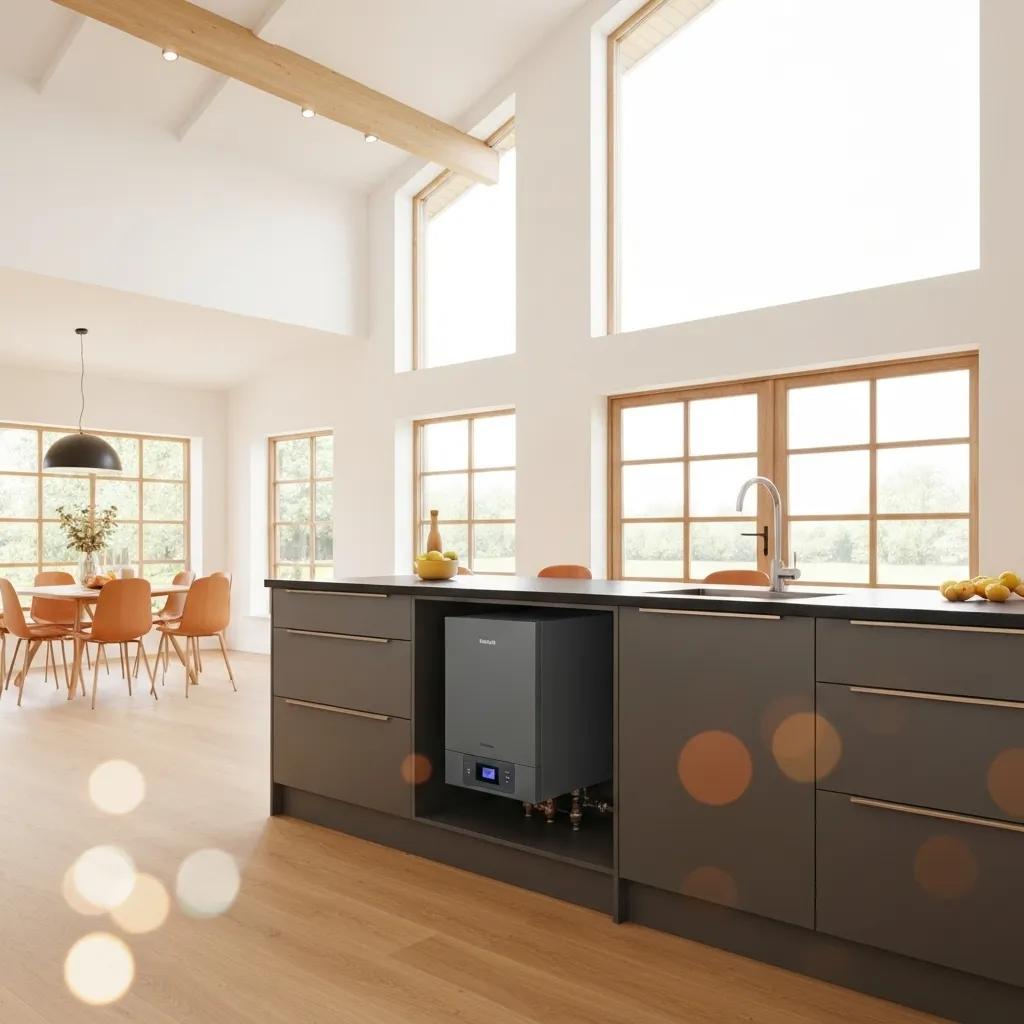 A brand-new, energy-efficient boiler installed in a modern Glasgow kitchen, showcasing the benefits of upgrading your heating system.