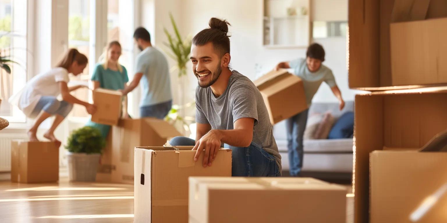 Group of people joyfully moving boxes in a bright living room, with a man smiling while kneeling beside cardboard boxes.