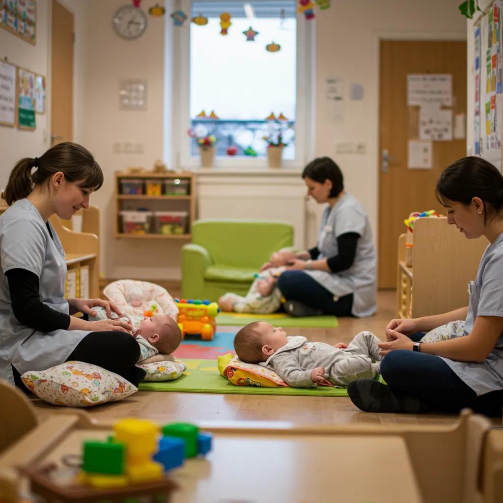 Nurturing infant care environment with caregivers and infants, highlighting responsive interactions
